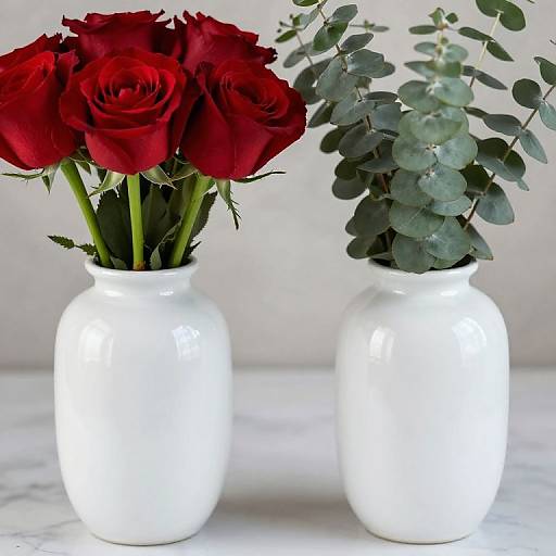Photograph of two white ceramic vases; left with vibrant red roses, right with green eucalyptus, set against a plain white background