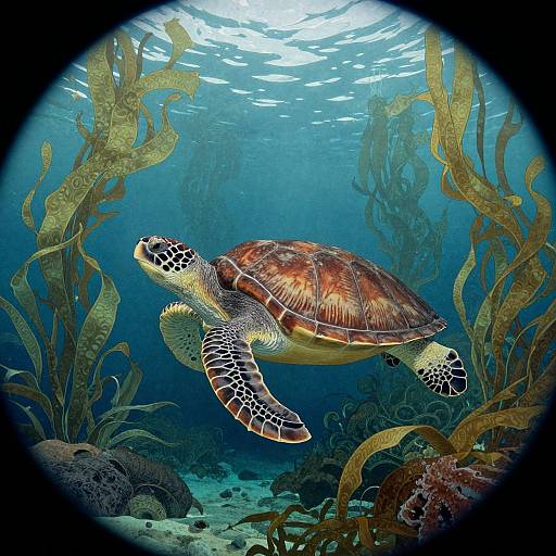 Photograph of a sea turtle with a brown and orange shell, black and white patterned flippers, swimming through a blue underwater coral reef surrounded by