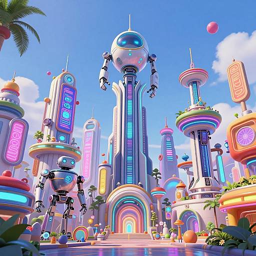 Vibrant, futuristic cityscape in CGI style, featuring neon-lit, cylindrical towers with robotic figures, colorful signage, and a bright blue sky