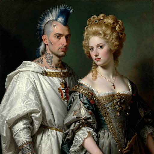 Baroque-style painting: tattooed man with blue mohawk in white robe, arm around blonde woman in ornate grey dress, dark background.