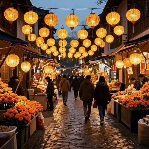 Photograph of a vibrant evening market with glowing orange paper lanterns hanging overhead, illuminating a cobblestone street lined with orange flower stalls and bustling