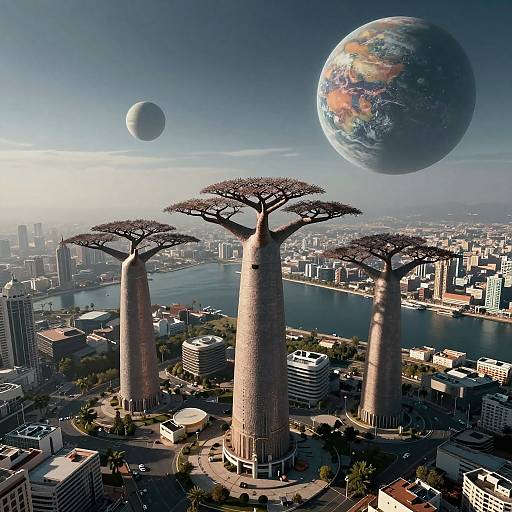 Photorealistic CGI of a futuristic city with three giant, cylindrical, tree-topped structures, surrounded by a river, and two planet-like orbs in