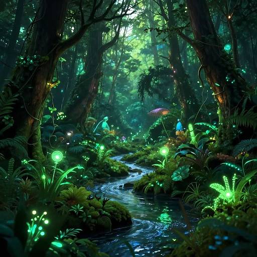 Digital fantasy artwork of a bioluminescent forest with glowing green plants, a winding stream, and enchanted, ethereal lighting in a dense, mystical