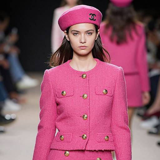 Photograph of a female model in a vibrant pink textured coat and hat with gold buttons, walking on a fashion runway.
