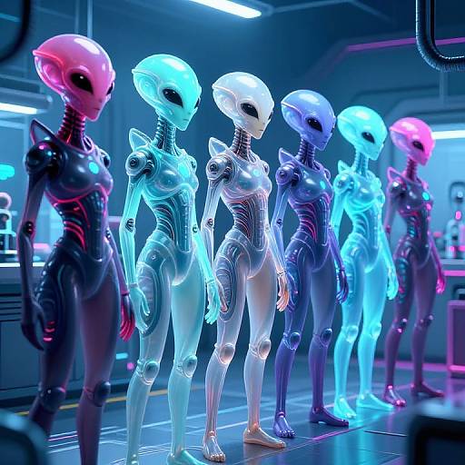 CGI image of six glowing, humanoid alien figures in a futuristic laboratory, each with distinct neon colors and sleek, metallic bodies.