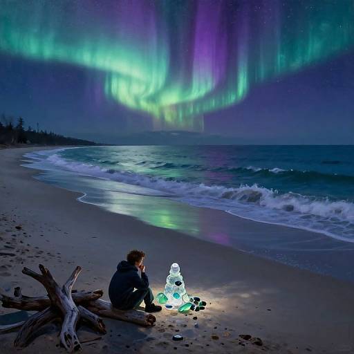 Photograph of a person sitting on a moonlit beach, illuminating a glowing Christmas tree, beneath vibrant green and purple aurora borealis over a