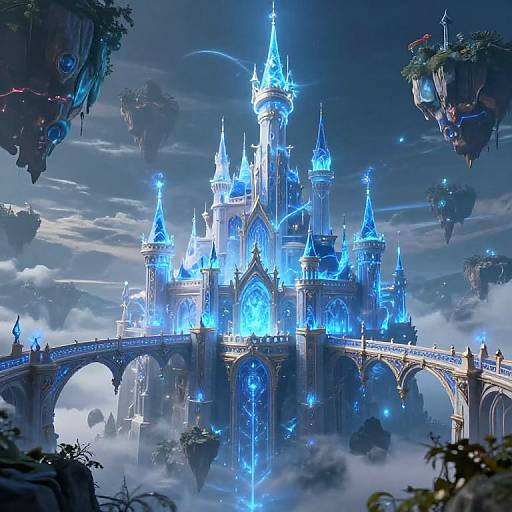 Digital fantasy artwork of a glowing blue, Gothic-style castle with spires, arches, and floating islands in a mystical, cloudy night sky.