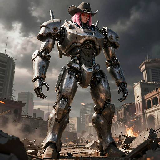 Digital artwork: Cybernetic warrior with pink hair, wearing a black cowboy hat, stands amidst a ruined cityscape under a stormy sky.