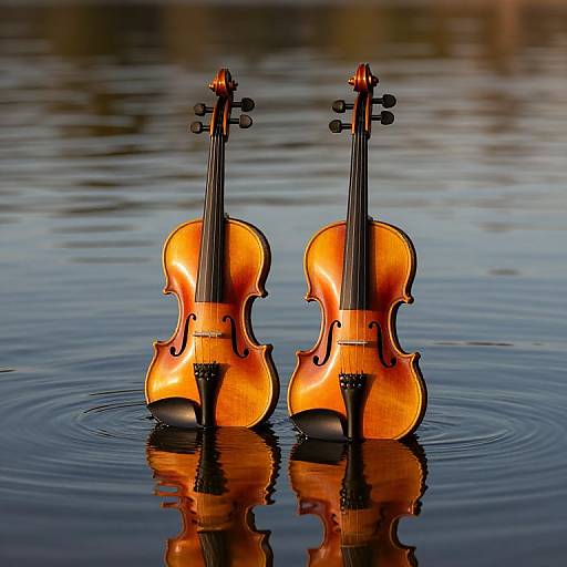 Photograph of two glowing violin-shaped objects floating upright in calm water, creating ripples and reflections, with a warm, orange hue.