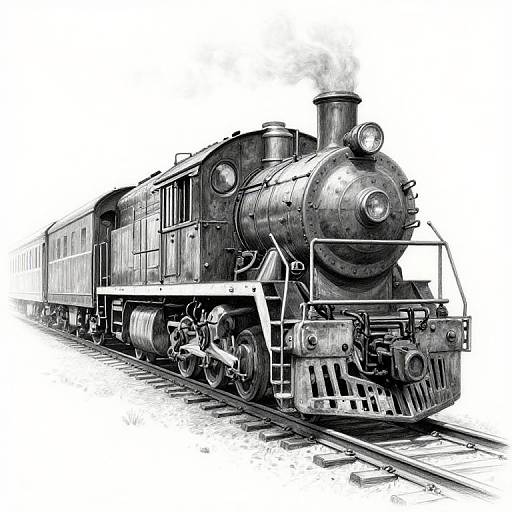 Black and white digital drawing of a vintage steam locomotive with smoke, detailed engine, and carriages on railway tracks.