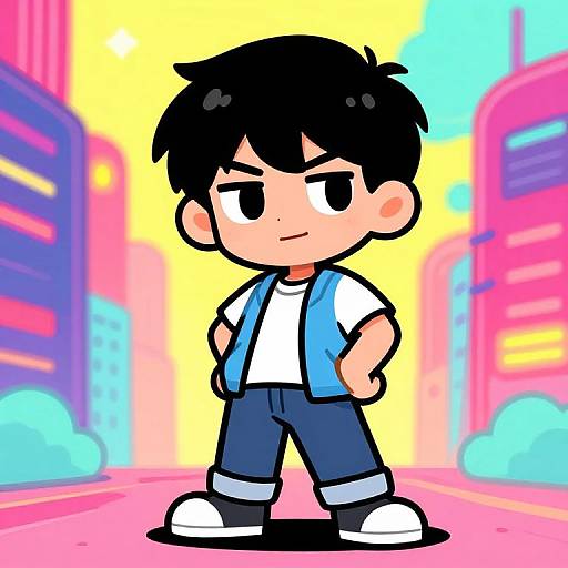 Cartoon-style drawing of a confident black-haired boy with a blue vest, white shirt, blue pants, and white shoes, standing in a vibrant,