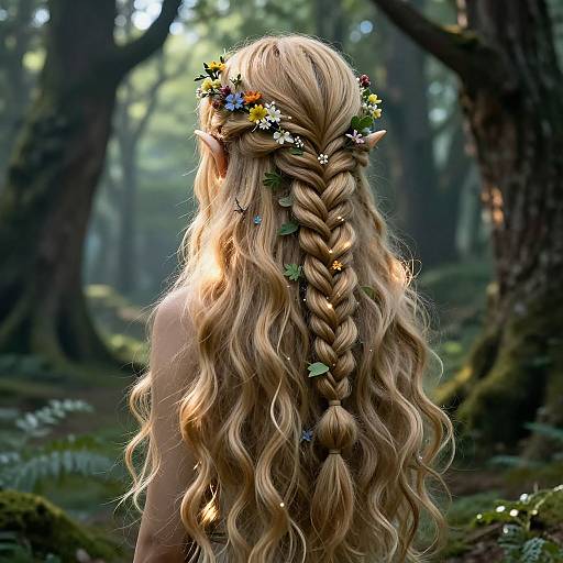 Digital art of a blonde elf woman with long, wavy, braided hair adorned with flowers, standing in a sunlit forest.