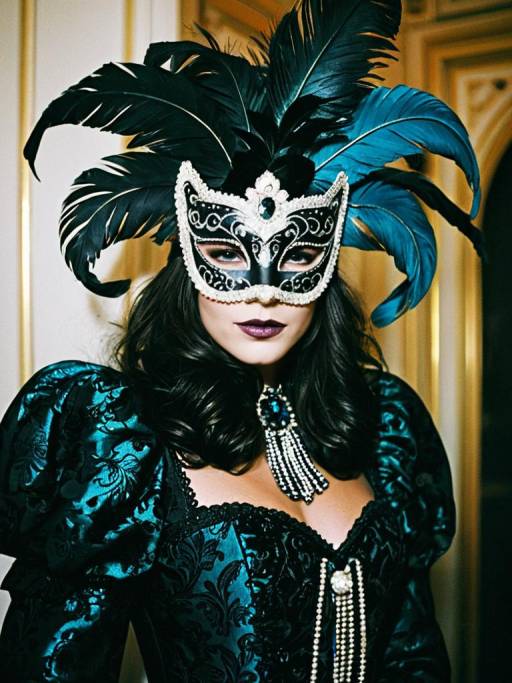 Woman in Elegant Masquerade Outfit with Feathered Mask