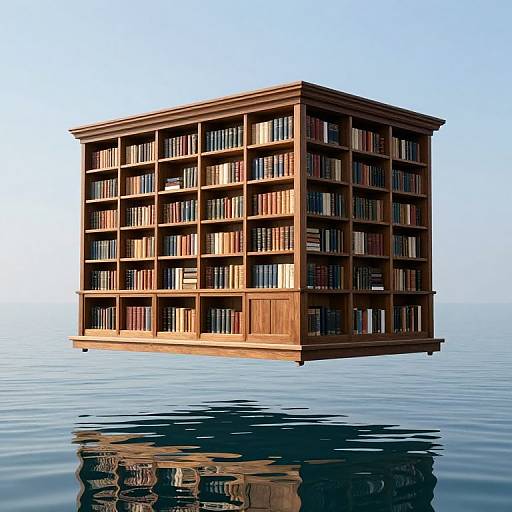 Photorealistic CGI of a floating, wooden, multi-story library building filled with books, surrounded by calm, reflective water under a clear blue sky.