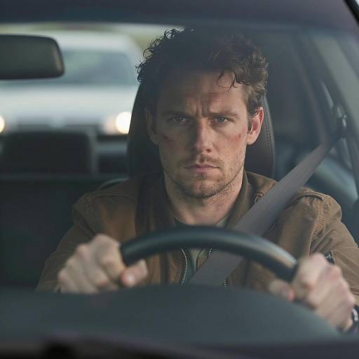 Serious Man Driving Car in Outdoor Scene