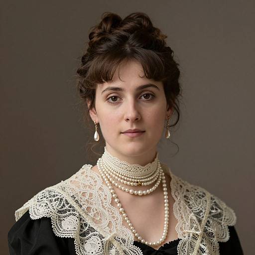 Photograph of a fair-skinned woman with dark hair in an updo, wearing black lace-trimmed dress, multiple pearl necklaces, and