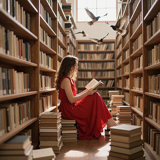 Photograph of a woman with curly brown hair, wearing a red dress, reading a book in a sunlit library aisle, surrounded by stacks of books