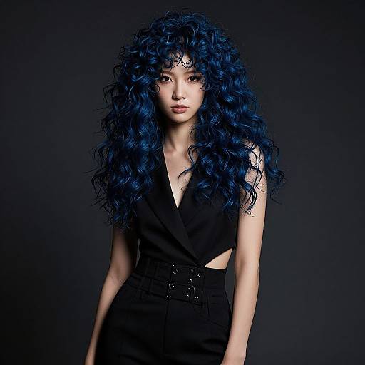 Photograph of an Asian woman with long, wavy, electric blue hair, wearing a black sleeveless V-neck top and black high-waisted