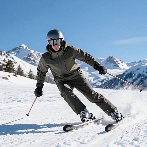 Photograph of a skier in black gear and helmet, carving through fresh snow on a sunny mountain slope with clear blue sky.