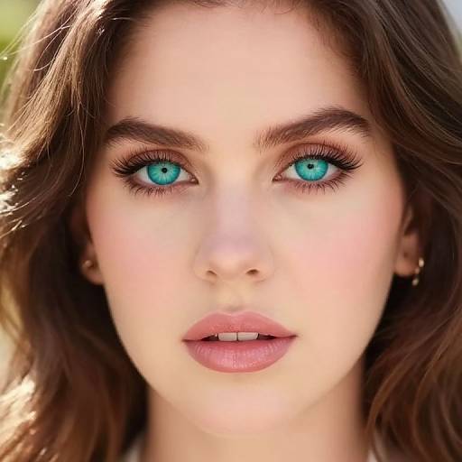 Close-up photograph of a fair-skinned woman with striking blue eyes, full lips, and wavy brown hair, looking directly at the camera.