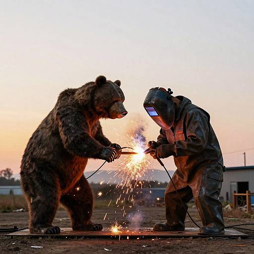 Photograph of a person in protective gear welding sparks between two bear silhouettes against a sunset-lit, industrial background.