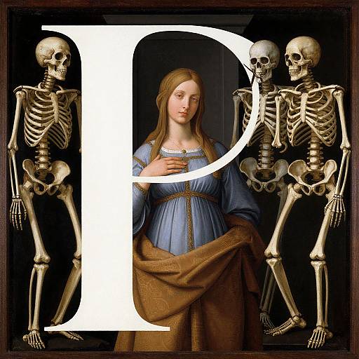 Digital artwork: A serene, blue-robed pregnant woman with brown hair, framed by two skeletal figures, stands before a large white letter 