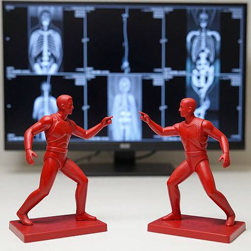 Photograph of two red, muscular, male action figure statues in fighting stances, with a digital skeleton grid background.