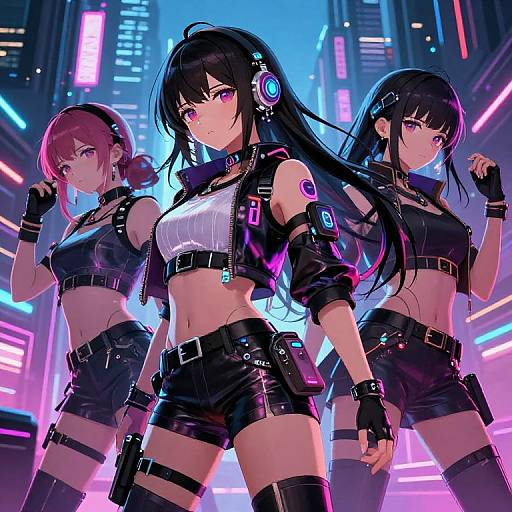 Digital anime-style artwork of three cyberpunk women with neon lights, black outfits, midriff tops, shorts, and futuristic accessories in a glowing city