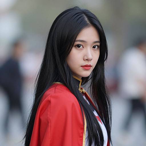Photograph of an East Asian woman with long black hair, red military-style uniform, and pale skin, standing outdoors with a blurred background of people.