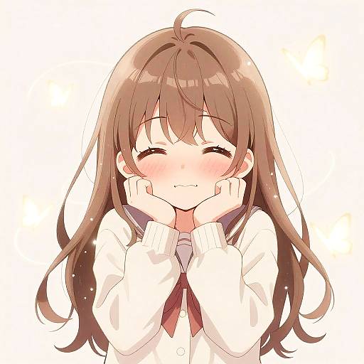 Cute anime-style girl with brown hair, blushing cheeks, closed eyes, and hands on cheeks, wearing a white cardigan and red scarf.