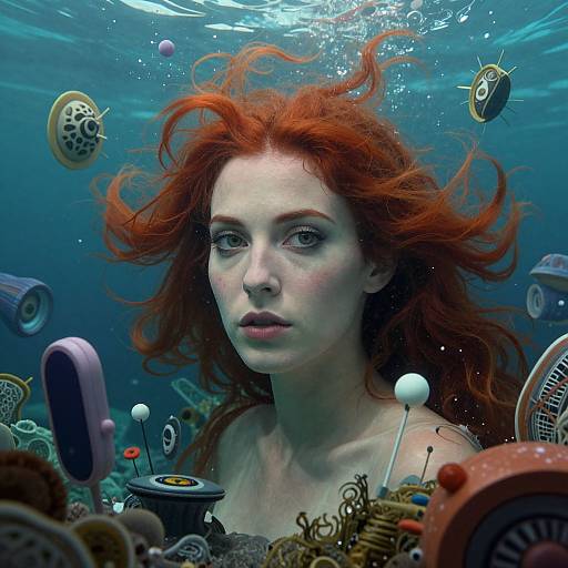 Photograph of a pale-skinned, red-haired woman with flowing hair underwater, surrounded by colorful, surreal sea creatures and electronic devices.