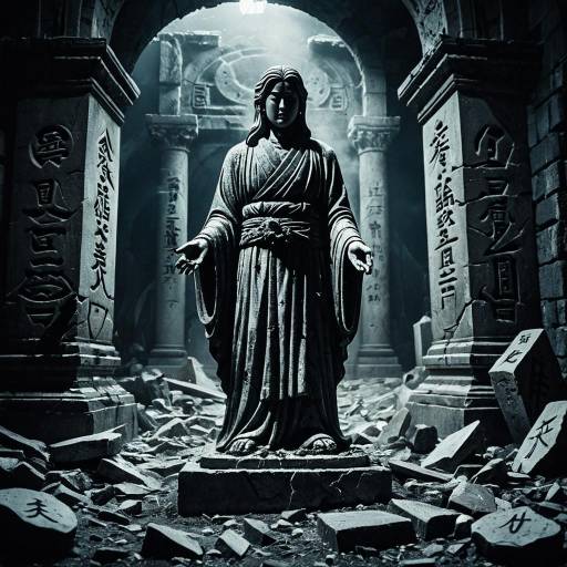 Ancient Stone Statue in Ruined Temple