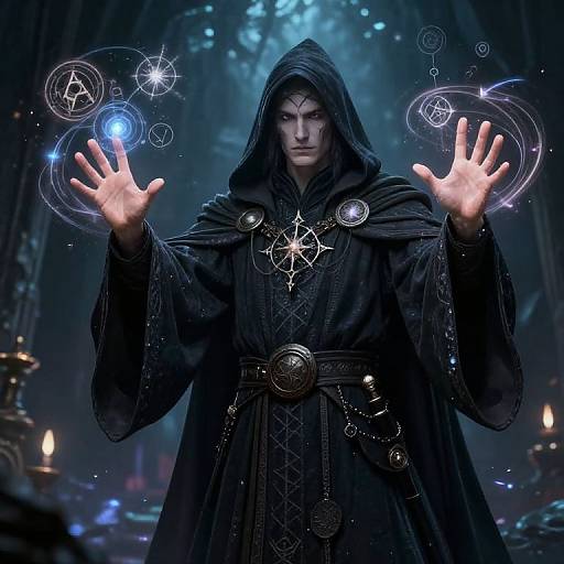 Magical, hooded wizard in black robe with glowing circles and stars above hands, illuminated by candlelight in dim, mystical forest. Digital art.