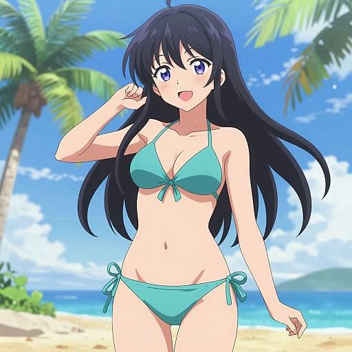 Anime-style digital drawing of a cute, slender girl with long black hair, wearing a turquoise bikini, standing on a sunny beach with palm trees and blue