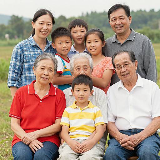 Photograph of a smiling, multi-generational Asian family outdoors, wearing casual clothing, standing and sitting in a grassy field.