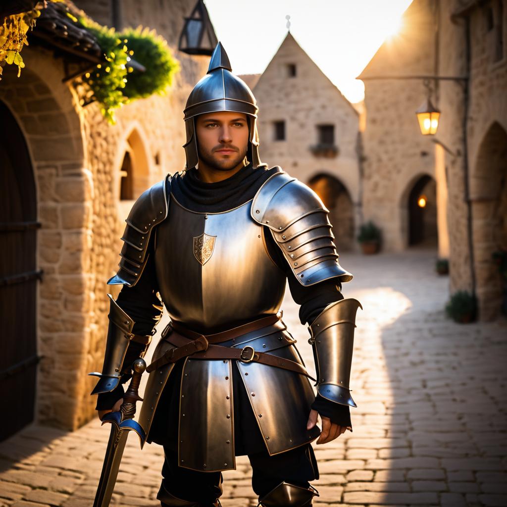 Detailed Knight in Warm Medieval Village