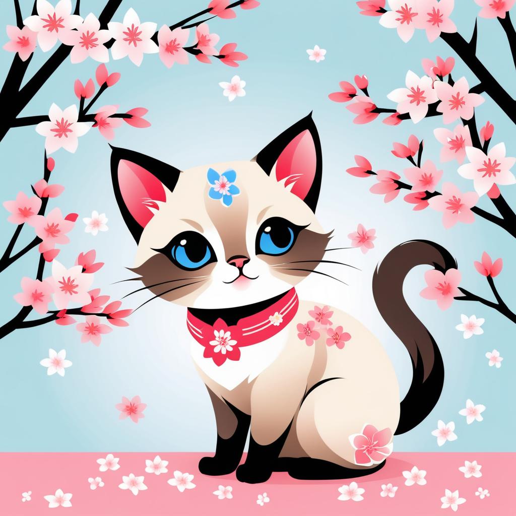 Chibi Siamese Cat with Cherry Blossoms