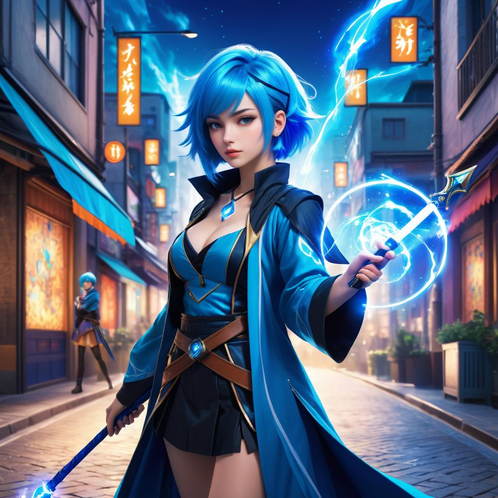 Vibrant Urban Mage with Electric Blue Hair