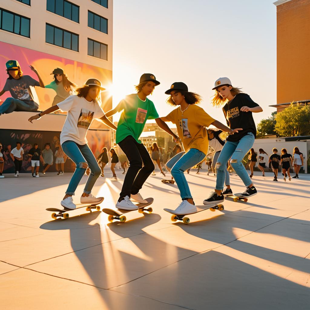 Teenagers Skateboarding in Urban Golden Hour