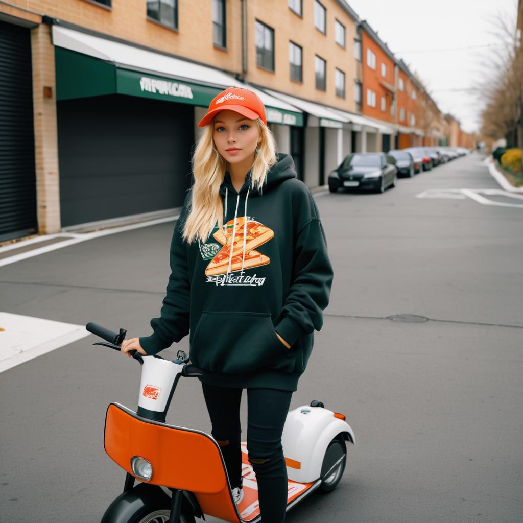 Blonde Pizza Delivery Girl with Scooter