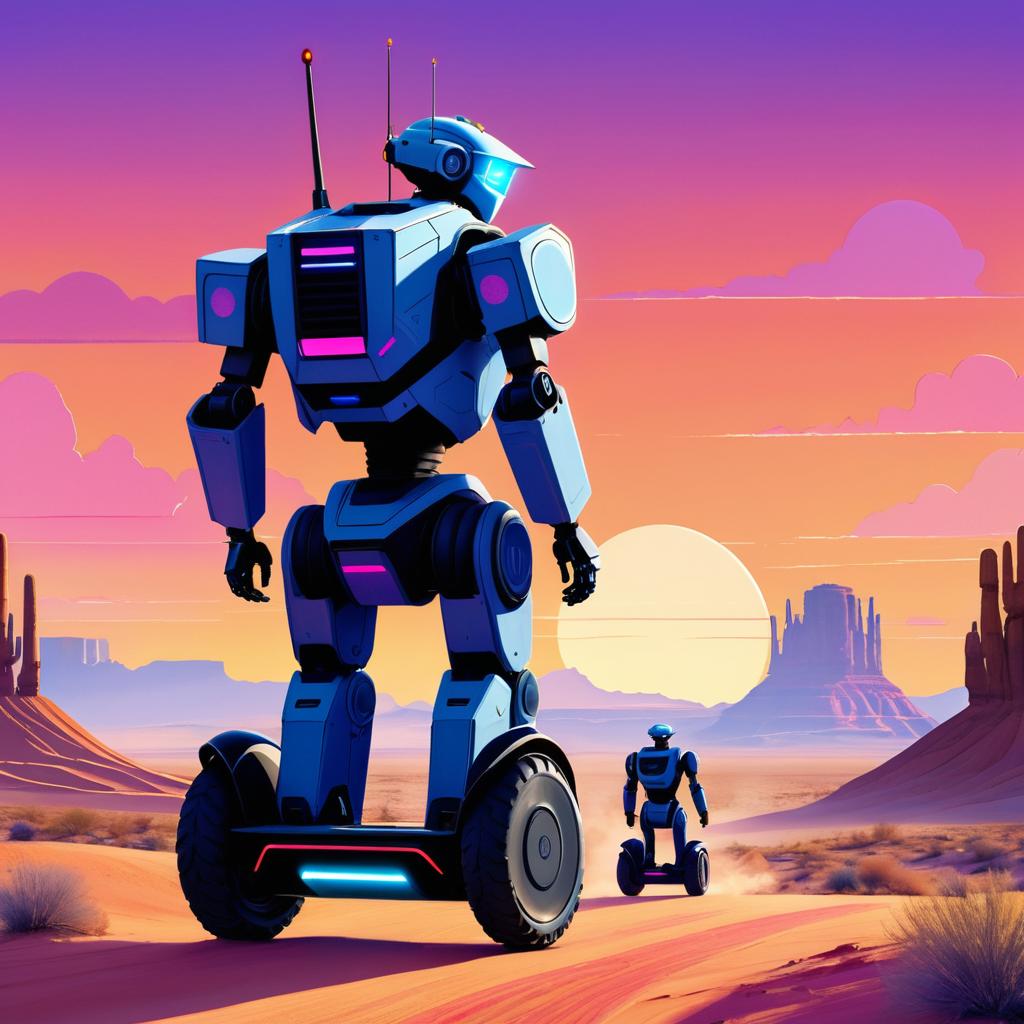 Giant Robot Explorer at Sunset Desert