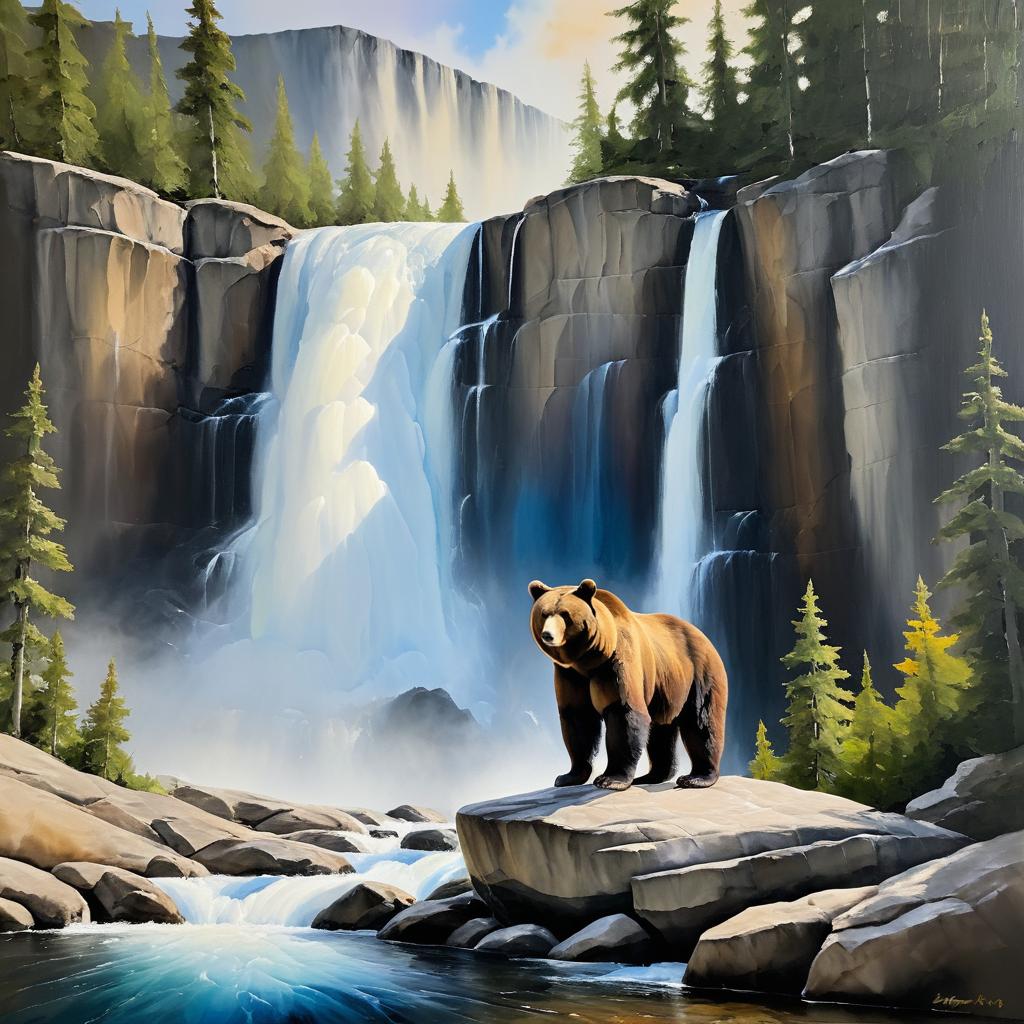 Dramatic Bear by Waterfall Oil Painting