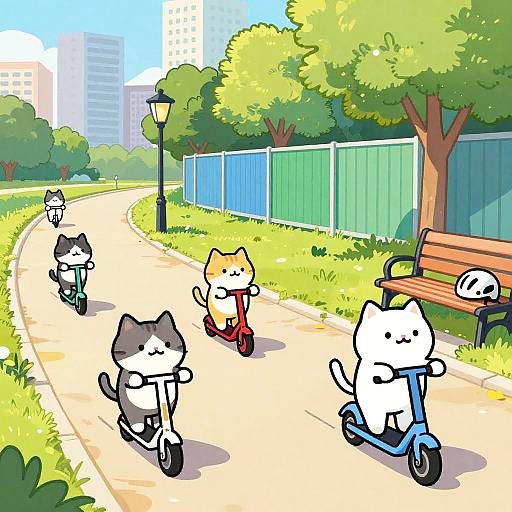Comic Cats Scootering in City Park