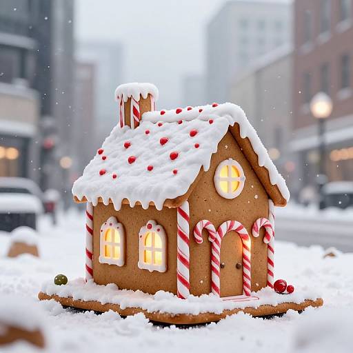 Photograph of a whimsical gingerbread house with white icing snow, red candy cane accents, and glowing yellow windows, set in a snowy urban street