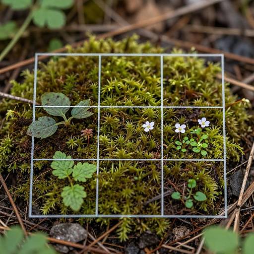 Photograph of moss-covered forest floor with grid overlay, featuring green leaves, small white flowers, and various tiny plants.