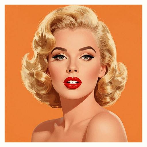 Digital illustration of a blonde, fair-skinned woman with red lipstick, curled hair, and sultry eyes, set against a vibrant orange background.