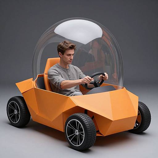 Photograph of a young man with short brown hair driving an orange, geometric, transparent-domed electric car against a gray background.