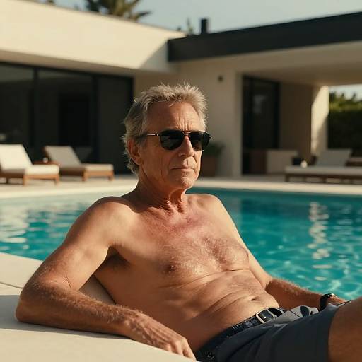 Photograph of an elderly white man with gray hair, sunglasses, and a lean build, lounging by a bright blue pool in front of a modern