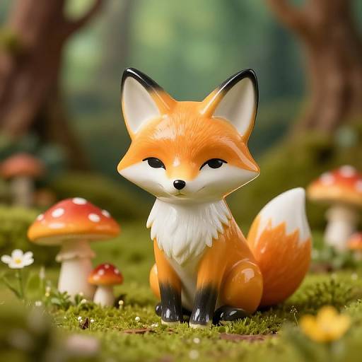 Digital artwork of a cute, chubby, orange and white fox with black-tipped ears and paws, sitting in a lush forest with red and white