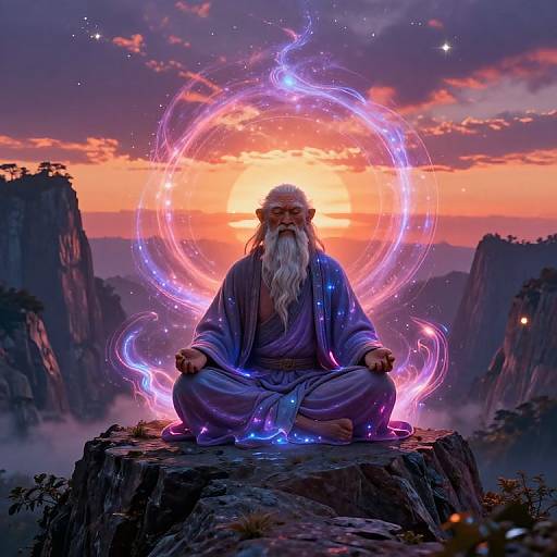 Digital art of an elderly bearded man with a white beard, sitting cross-legged on a rocky cliff, surrounded by glowing, purple and blue cosmic rings